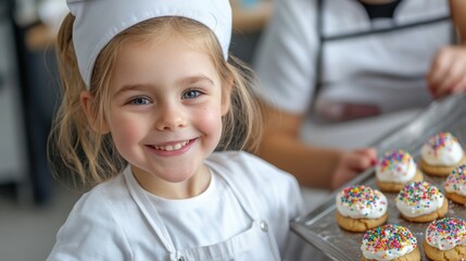 Canvas Print - A little girl in a chef hat smiling while holding cookies, AI