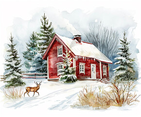 Sticker - A red house with a white roof and a white chimney. A deer is walking in front of the house