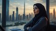 © Oulaphone - A woman in a hijab gazes thoughtfully out a window at a skyline featuring modern skyscrapers during sunset.