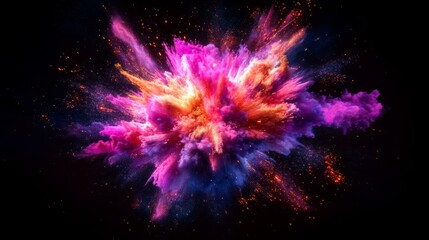 Wall Mural - Vibrant, colorful explosion with pink, orange, and blue clouds against a black background.