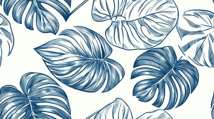 Wall Mural - Seamless pattern featuring hand drawn tropical leaves