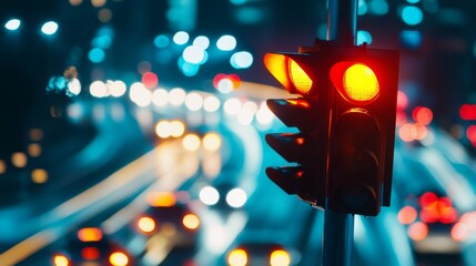 Poster - A night view of a traffic light with glowing signals, with light trails of moving cars and a blurred cityscape in the background.