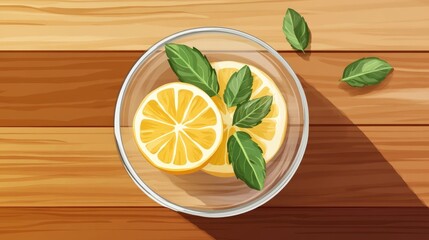 Selective Focus On Lemon Slice With Mint Leaves On Wooden Surface In Glass Bowl