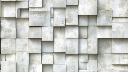 Canvas Print - Abstract textured wall featuring white stone and concrete tiles with a seamless 3D square cube mosaic design in a wide panorama format