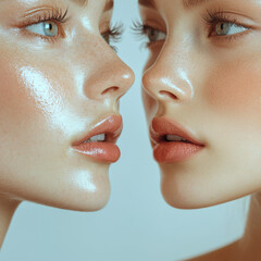 image features two close up faces with glowing skin, highlighting their natural beauty and unique features. soft lighting enhances details of their skin texture and expressions, creating an intimate