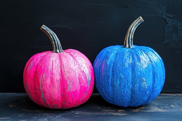 two pastel pink blue pumpkins closeup on dark background with copy space