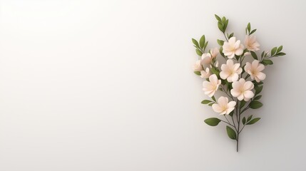 Poster - A minimalist composition featuring a branch of delicate pink flowers with green leaves against a light, plain background.