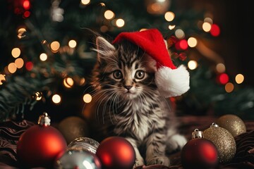 adorable fluffy tabby kitten in red santa claus hat on blurred bokeh christmas background