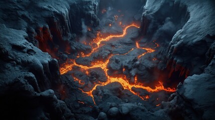 Poster - Overhead view of an active volcanic lava flow, with molten lava visible through cracks in the dark, rugged terrain, emitting smoke and heat.