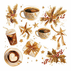 Canvas Print - A collection of coffee cups, mugs, and a box with a bow on it. The cups and mugs are arranged in a way that suggests a festive atmosphere, possibly for a holiday gathering