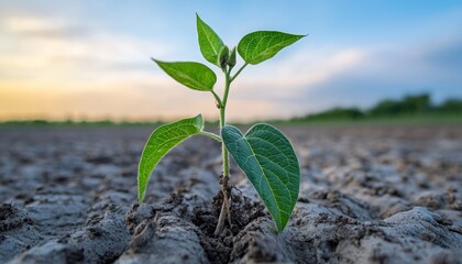 A soybean plant thriving in a drought-prone area, its genetically modified beans larger and more robust, representing environmental resilience through biotechnology.