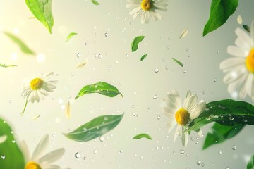 Floating daisies and leaves in sunlight