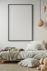 Wall Mural - Minimalist Cozy Nursery Interior with Blank White Frame and Soft Plush Toys