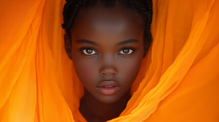 Young African girl wrapped in vibrant orange fabric, close-up portrait