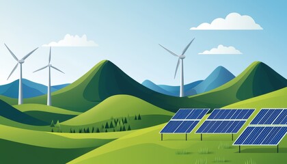 Wall Mural - A vibrant illustration of green hills with solar panels and wind turbines, showcasing the potential of renewable energy to sustain the world.