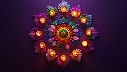 Vibrant Rangoli with Diyas for Diwali