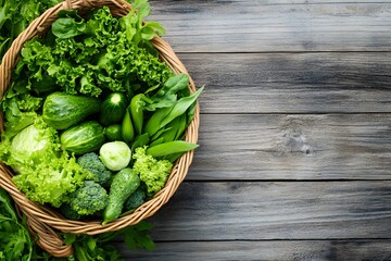 basket full of green vegetable on a wooden table