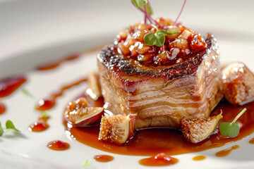 Wall Mural - A plate of food with a piece of meat and a bunch of figs