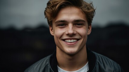 Wall Mural - teenage white man on black background model close-up smiling with beautiful teeth for ad concept space for text