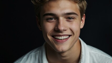 Wall Mural - teenage white man on black background model close-up smiling with beautiful teeth for ad concept space for text