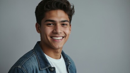 Wall Mural - teenage hispanic man on pastel gray background model close-up smiling with beautiful teeth for ad concept space for text