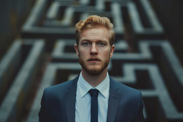 Wall Mural - A man in a suit and tie stands in front of a maze