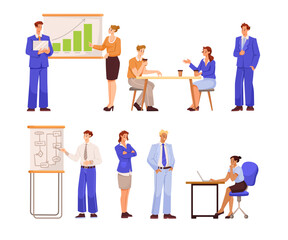 Wall Mural - Man and Woman Office Staff Character at Workplace Vector Set