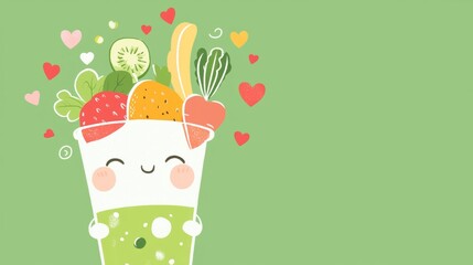 Cheerful smoothie character is surrounded by colorful fruits and vegetables, promoting a healthy and delicious lifestyle