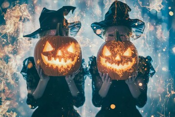 Two young girls are holding up two pumpkins with scary faces