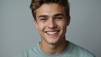 Wall Mural - teenage caucasian man on pastel gray background model close-up smiling with beautiful teeth for ad concept space for text