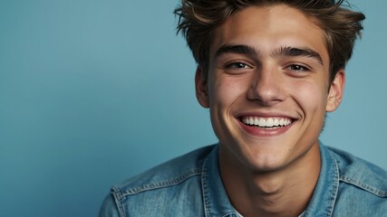 Wall Mural - teenage american man on pastel blue background model close-up smiling with beautiful teeth for ad concept space for text