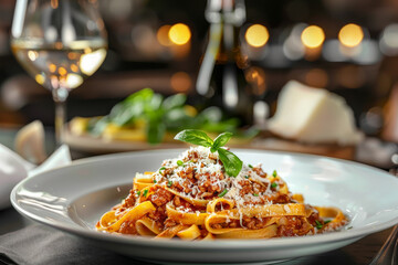 Wall Mural - A plate of spaghetti with meat and cheese on top of it