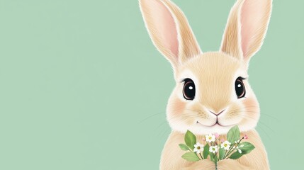 Adorable bunny holding a bouquet of white and pink flowers with a green background, perfect for easter, spring, and nature lovers