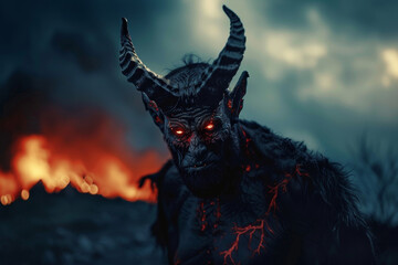 Wall Mural - A demonic looking man with horns and red eyes stands in front of a fire