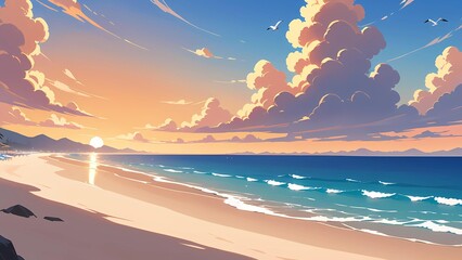 Wall Mural - A sun-kissed beach, the golden hues of the setting sun painting the sky in a breathtaking canvas. Gentle waves lap at the shore, and seagulls soar overhead.