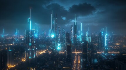 Poster - A futuristic city skyline illuminated by glowing blue lights, amidst dramatic clouds and a nighttime backdrop.