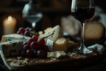 A wooden board with a variety of cheeses and grapes, and a wine glass