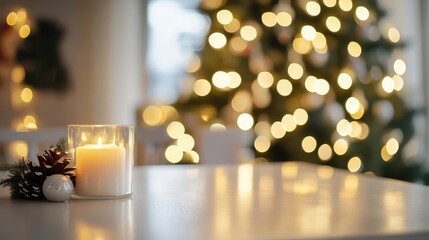 elegant white table adorned with minimalist holiday decor blurred twinkling lights of majestic christmas tree creating magical bokeh backdrop for product display