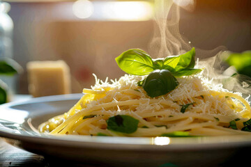 Wall Mural - A plate of pasta with a generous amount of cheese and basil on top