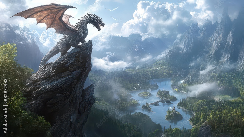 epic fantasy landscape with an ancient colossal dragon perched atop a ...
