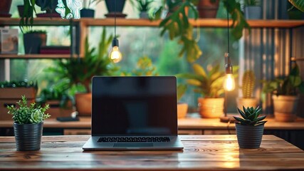 Aufkleber - A clean and inviting workspace showcases a laptop resting on a wooden table, surrounded by vibrant plants and softly glowing lights, fostering a productive atmosphere.