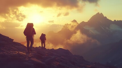 epic mountain adventure scene hikers silhouetted against majestic peaks golden sunlight streaming through clouds vast wilderness stretching to horizon