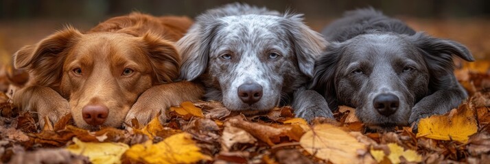 Three dogs rest on colorful autumn leaves while enjoying a calm moment in nature