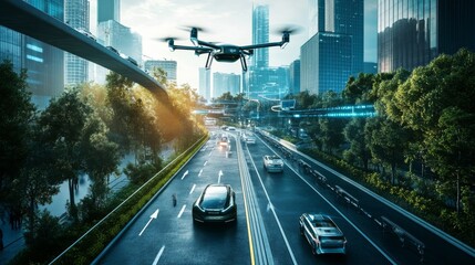 A futuristic cityscape featuring a drone flying above a busy road with cars, surrounded by modern skyscrapers and greenery.