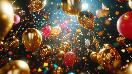 exuberant burst of colorful confetti and gold balloons festive atmosphere dynamic composition bright party lighting