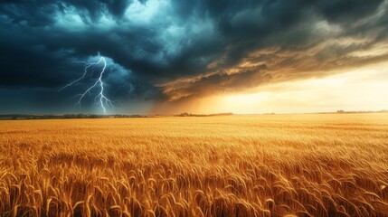 A dramatic summer scene with golden wheat fields and dark clouds. Lightning flashes across the sky as rain falls on the farm, creating a beautiful and powerful contrast.