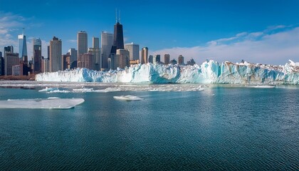 Wall Mural - Melting glacier with a corporate city skyline in the background, visualizing climate change 