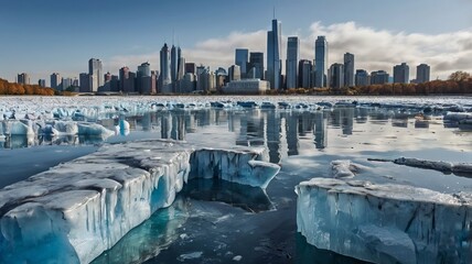 Wall Mural - Melting glacier with a corporate city skyline in the background, visualizing climate change 