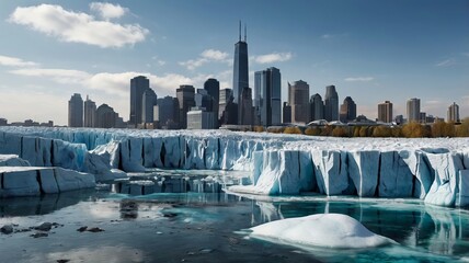 Wall Mural - Melting glacier with a corporate city skyline in the background, visualizing climate change 