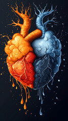 digital art illustration of two heartes one red and the other blue intertwined with eachother in an anatomical style